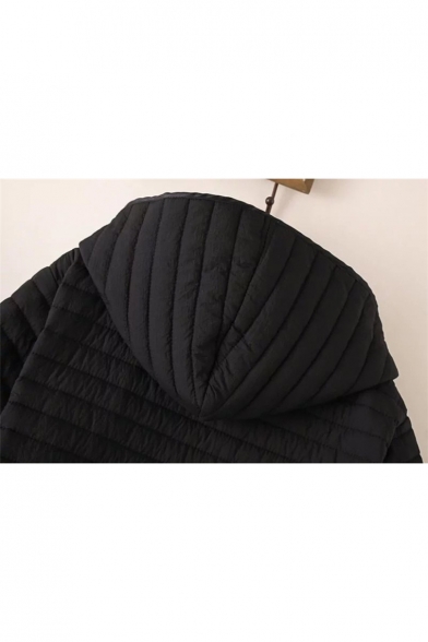Simple Plain Long Sleeve Single Breasted Hooded Tunic Padded Coat