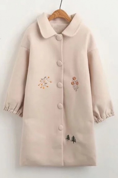 Stylish Floral Embroidered Button Down Balloon Sleeves Lapel Longline Woolen Coat