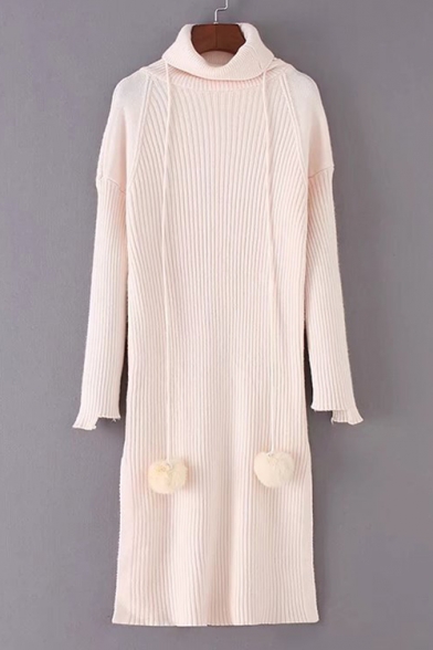 Warm High Neck Pom Pom Detail Long Sleeve Midi Sweater Dress