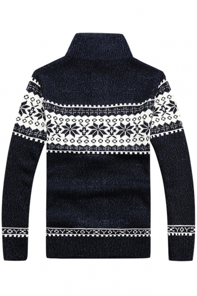 Warm Winter's Snowflake Pattern High Neck Long Sleeves Zippered Cardigan