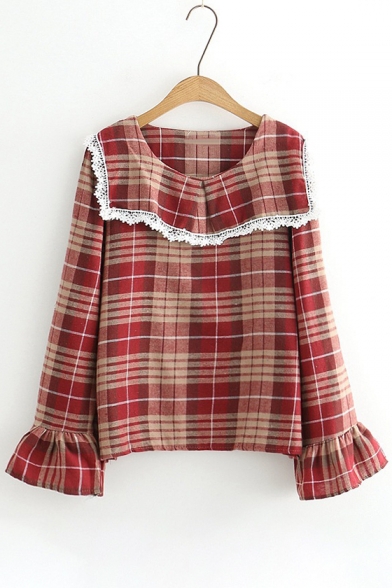 Women's Fashion Lapel Lace Trimmed Bell Sleeves Tartan Plaids Pullover Blouse