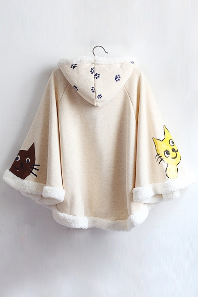 Adorable Cats Letter Graphic Printed Faux Fur Hooded Cape with Pompons