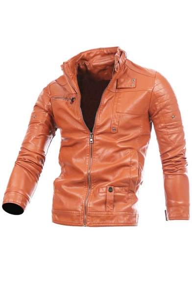 Chic Faux Leather Zipper Long Sleeve Simple Plain Biker Jacket