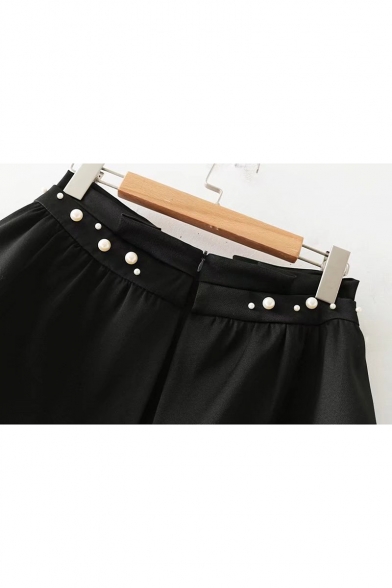 Chic Simple Plain Pearl Embellished Layered Mini Skirt