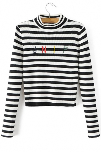 Classic Striped Letter Pattern Long Sleeve Cropped Pullover Sweater