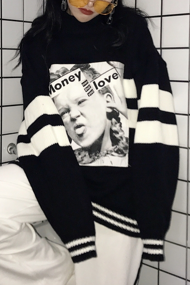 Cool Unisex Girl Portrait Pattern Long Sleeves High Neck Striped Over-Sized Monochrome Pullover Sweater