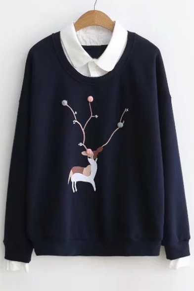 Elegant Collared Long Sleeves Deer Pattern Layered Pullover Sweatshirt with Pompoms