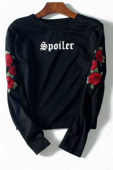Embroidery Floral Letter Pattern Round Neck Long Sleeve Pullover Sweatshirt