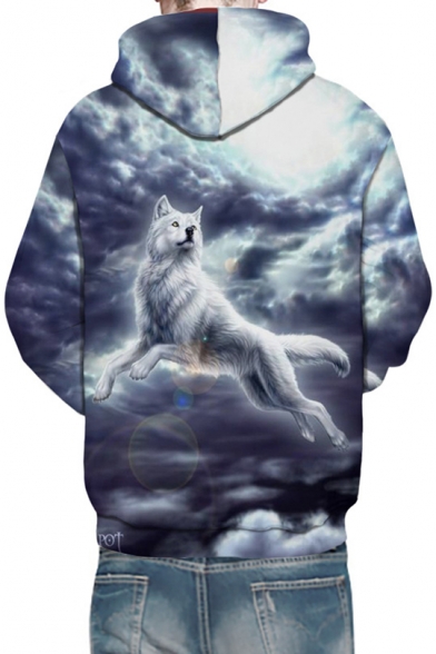 Fancy Wolf Cloudy Sky Printed Long Sleeves Pullover Hoodie with Pocket