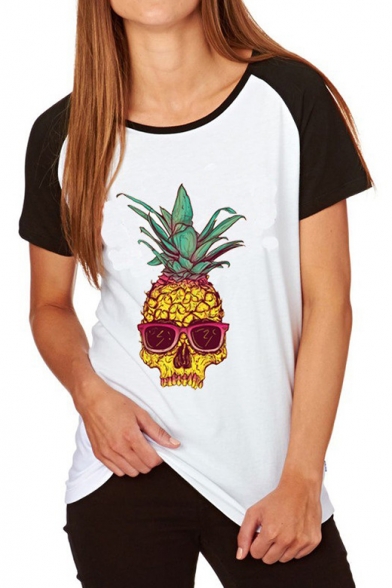Fashion Skull Pineapple Print Short Sleeve Round Neck Tee