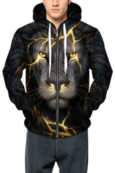 Fashionable Lion Lightning Pattern Long Sleeves Zippered Hoodie with Pockets