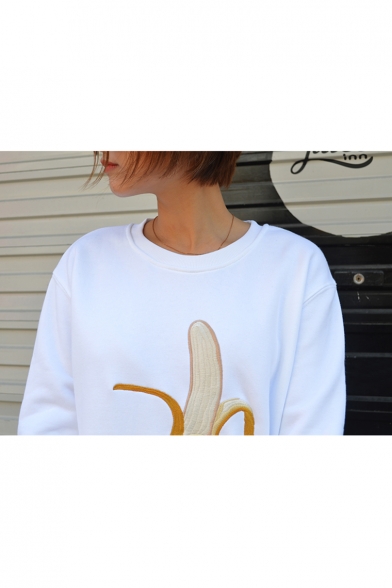 Leisure Banana Pattern Embroidery Long Sleeves Round Neck Pullover Sweatshirt