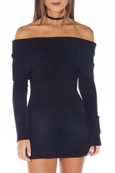 Natural Off Shoulders Wrapped Chest Ribbed Plain Bodycon Mini Dress