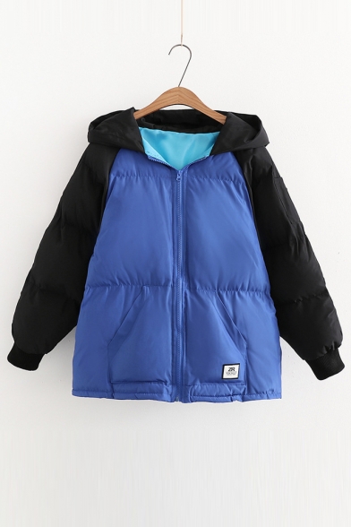 New Arrival Color Block Zippered Long Sleeve Hooded Padded Coat with Pockets
