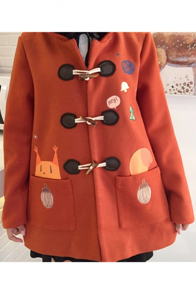 New Fashion Leisure Cartoon Print Long Sleeve Hooded Buttons Down Coat