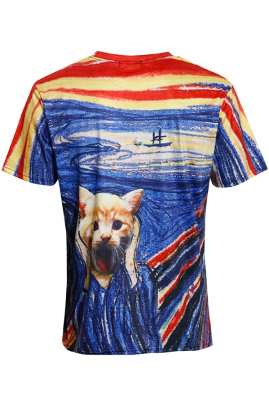 New Stylish Colorful Painting & Cat Print Round Neck Short Sleeves Tee