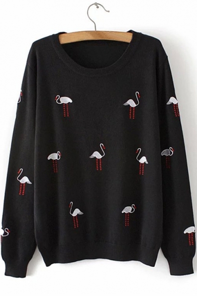New Stylish Swan Embroidered Round Neck Long Sleeve Loose Pullover Sweater