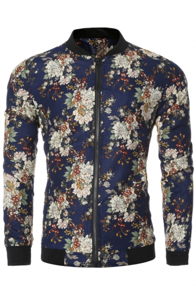 New Trendy Floral Print Stand-Up Collar Long Sleeve Zipper Jacket