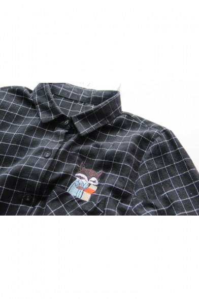 New Trendy Squirrel Embroidered Plaid Long Sleeve Button Down Shirt