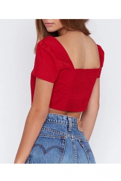 Popular Square Neck Short Sleeves Button Front Asymmetrical Hem Cropped Blouse
