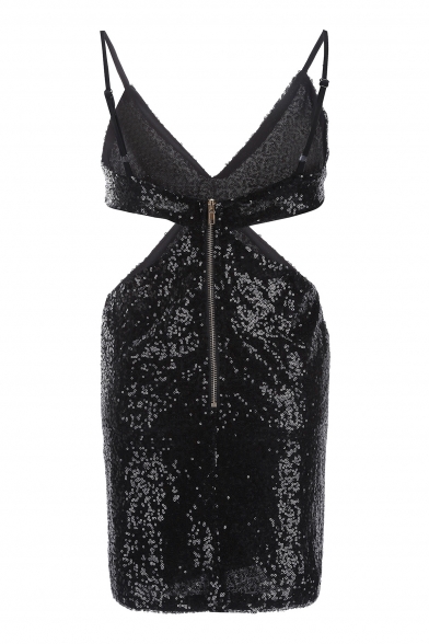 Sexy V-Neck Spaghetti Straps Hollow Out Sequined Pencil Mini Slip Party Dress