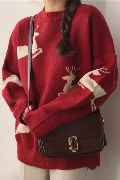 Stylish Cartoon Deer Print Round Neck Long Sleeve Pullover Sweater