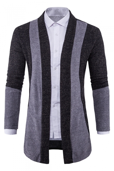Stylish Color Block Long Sleeves Collarless Open Front Slim-Fit Men's Cardigan