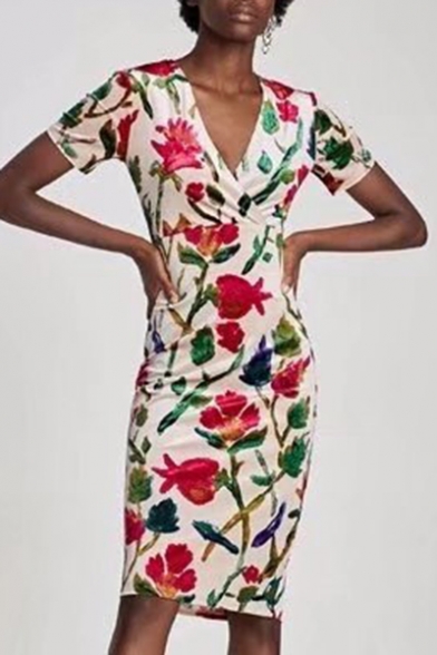 Stylish Floral Pattern V Neck Short Sleeve Wrap Front Midi Bodycon Dress