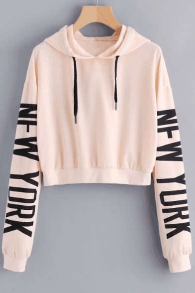 Stylish Over-Sized Letter Printed Long Sleeves Pullover Cropped Hoodie with Drawstring