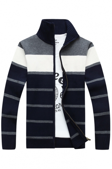Stylish Striped Pattern Color Block High Neck Long Sleeves Zippered Cardigan