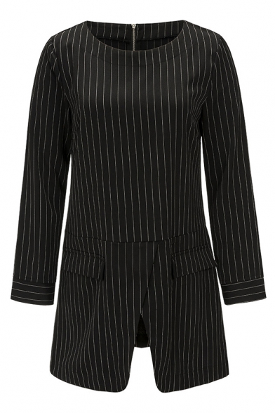 Sweet Striped Pattern Round Neck Long Sleeve Zip Back Fashion Blouse