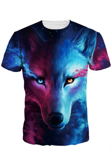 Trendy Color Block 3D Wolf Printed Short Sleeves Casual Summer Tee