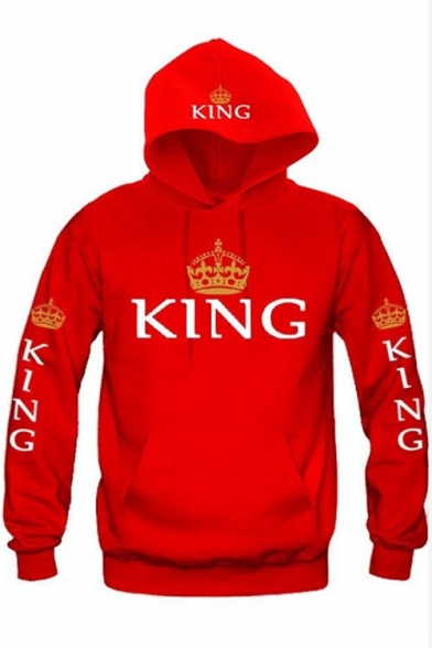 Unisex KING Letter Crown Printed Long Sleeves Pullover Hoodie with Pocket