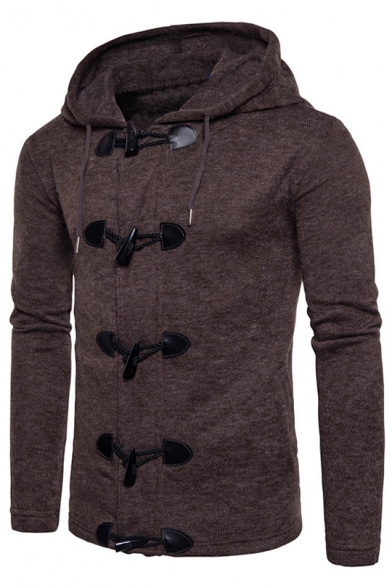 Winter's Fashion Long Sleeves Single Breasted Hooded Plain Coat with Horn Buttons