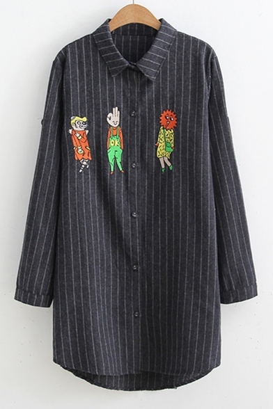 Cartoon Embroidered Striped Lapel Long Sleeve Buttons Down Tunic Shirt