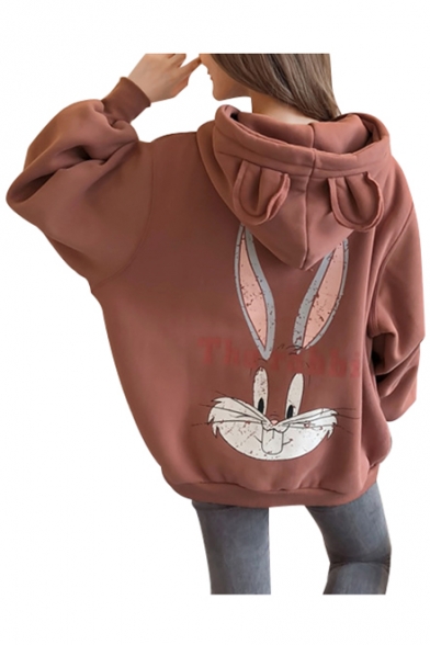 Cartoon Rabbit Print Long Sleeve Loose Hoodie