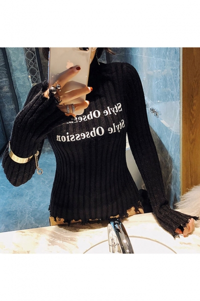 Casual Letter Pattern High Neck Long Sleeves Slim-Fit Pullover Sweater with Ripped Trim