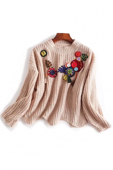 Chic Beaded Embellished Round Neck Long Sleeve Wave Hem Pullover Sweater