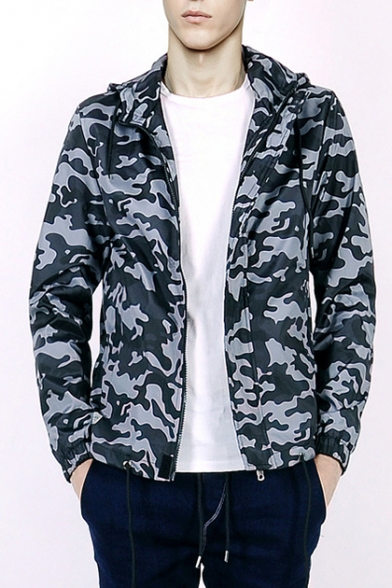 Chic Camouflage Print Long Sleeve Zipper Hooded Windproof Coat