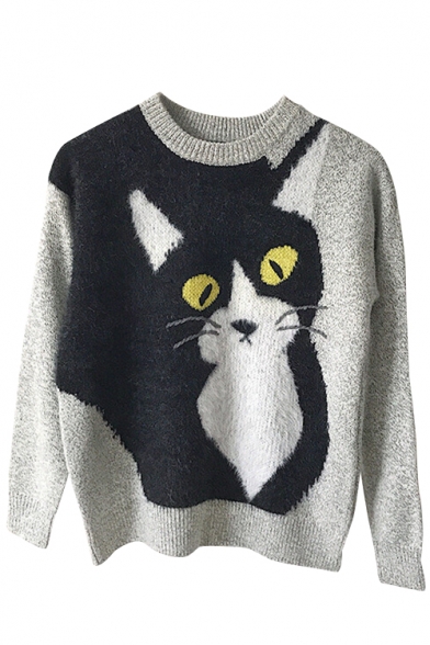 Chic Cartoon Cat Print Round Neck Long Sleeve Pullover Sweater