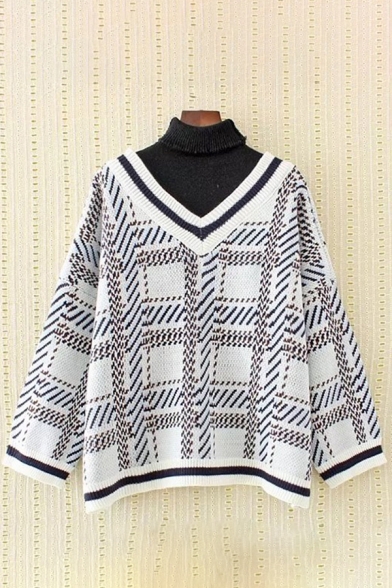 Chic High Neck Plaid Color Block Long Sleeve Pullover Sweater