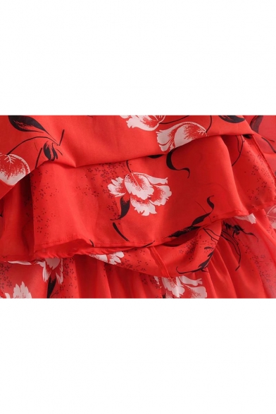 Classic Floral V Neck Frill Sleeve Midi A-line Dress