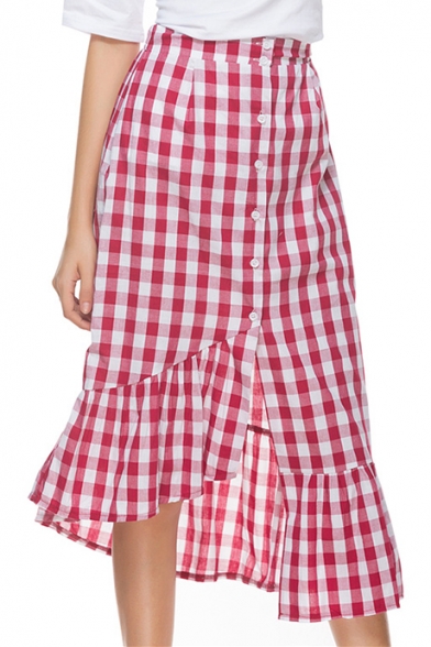 Classic Plaid Button Down Ruffle Hem Asymmetric Skirt