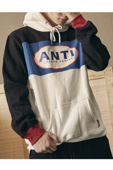 Color Block Letter Print Pocket Long Sleeve Hoodie for Couple