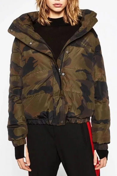 

Cool Camouflaged Letter Pattern Long Sleeves Stand-up Collar Zippered Button-Down Quilted Jacket
