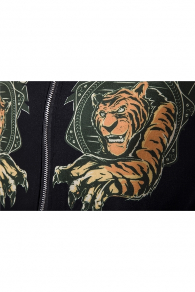 Cool Tiger Graffiti Pattern Color Block Long Sleeves Zip-up Baseball Jacket with Pockets
