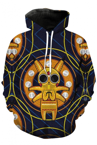 Cool Yellow Monster Cartoon Geometric Pattern Long Sleeves Pullover Hoodie with Pocket
