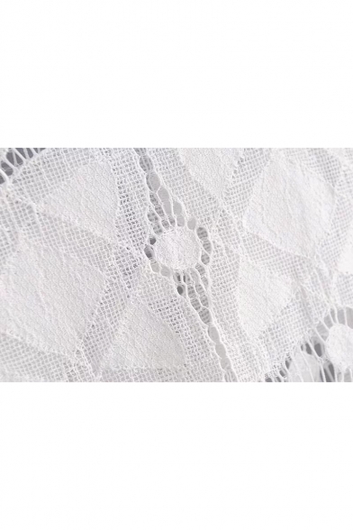 Elegant Lace Panel Round Neck Long Balloon Sleeves Geometric Pattern Loose Blouse
