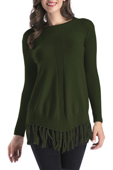 Fashion Plain Long Sleeve Round Neck Tassel Embellished Tunic Pullover Sweater