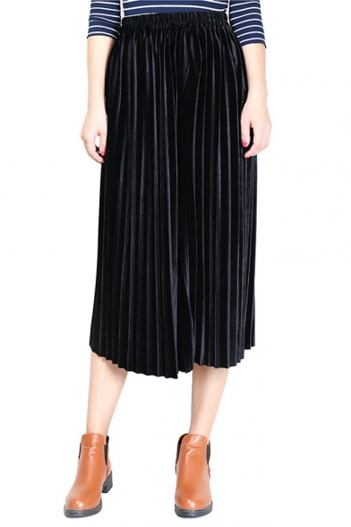 Fashion Simple Plain Pleated Midi Skirt